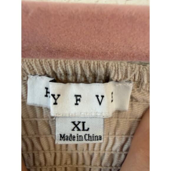 HYFVE Beige Smocked Crop Top XL Tie Back Puff Sleeve Boho Cottagecore Blouse - Picture 4 of 6